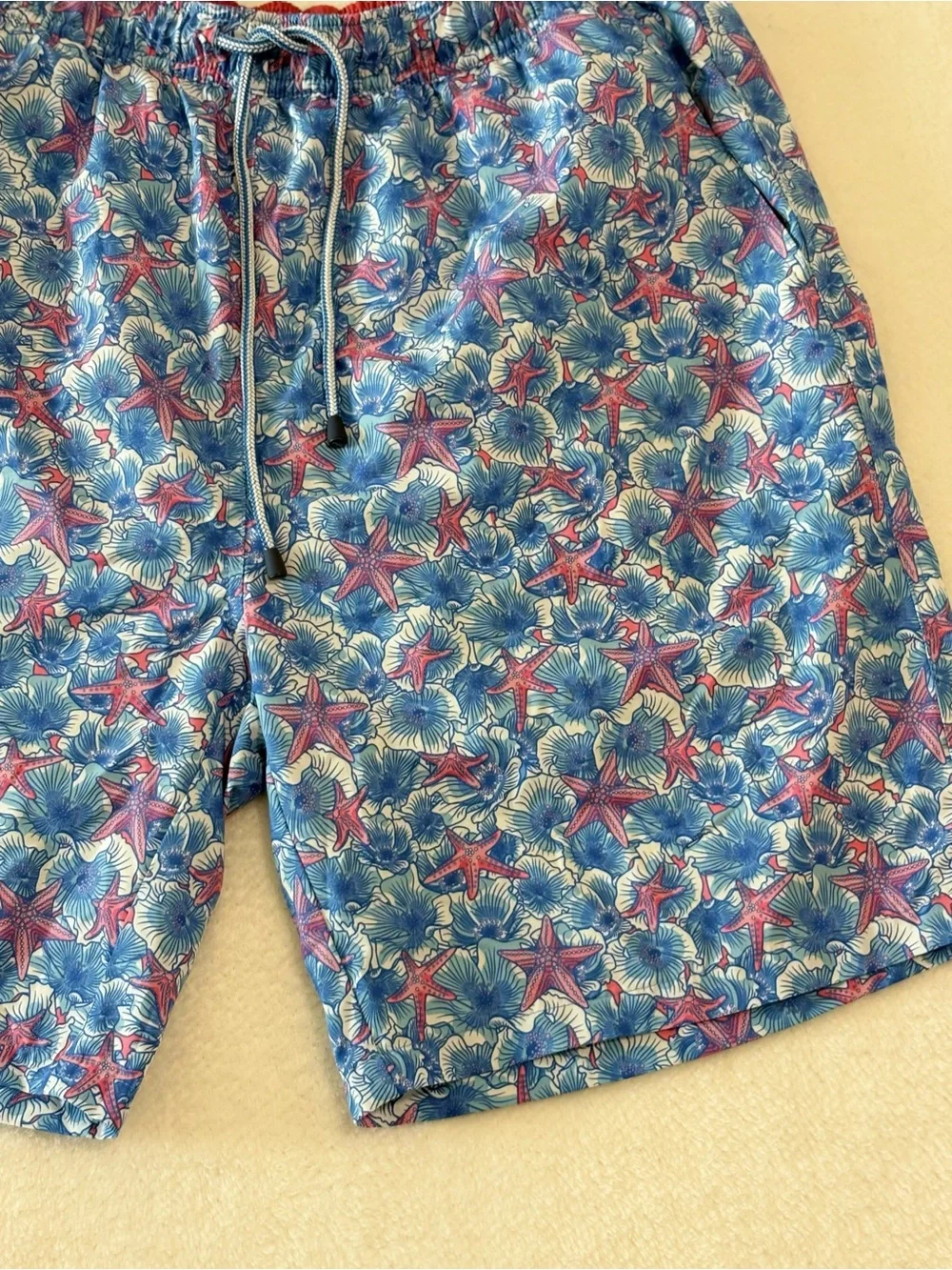 Peter Millar Blue and Pink Starfish Print Swim Trunks